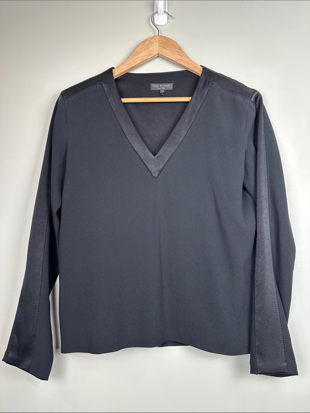 Rag & Bone oversized Black V-Neck Long-Sleeve Top satin mesh detail minimalist